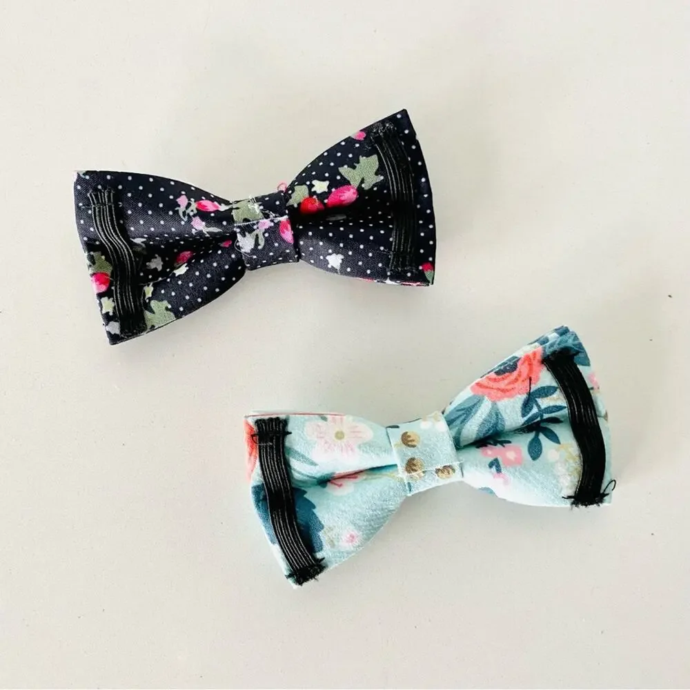 NEW HANDMADE Navy Blue Polka Dot Pink Floral Dog Cat Pet Collar Elastic Bow Tie